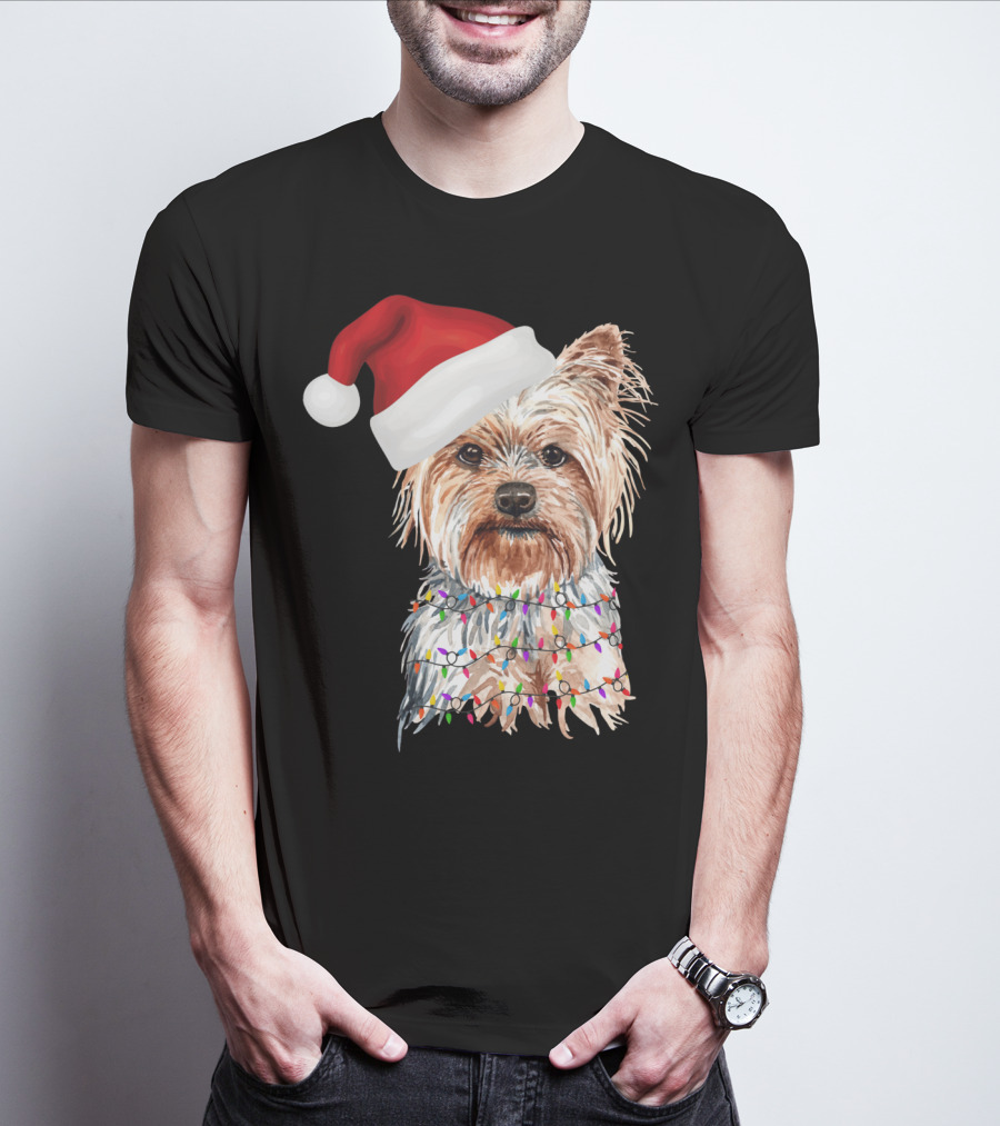 Santa Yorkie Terrier Dog With Christmas Lights Reindeer T-Shirt