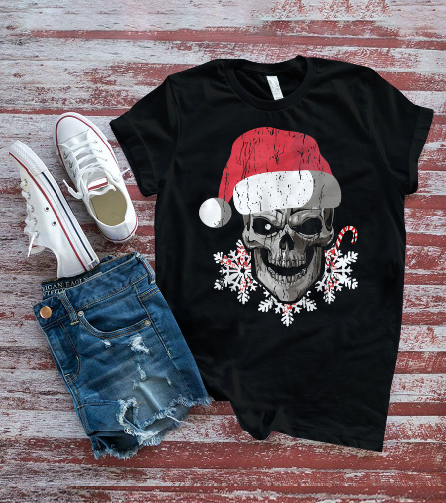 Skull Santa Hat Snowflakes Candy Cane T-Shirt