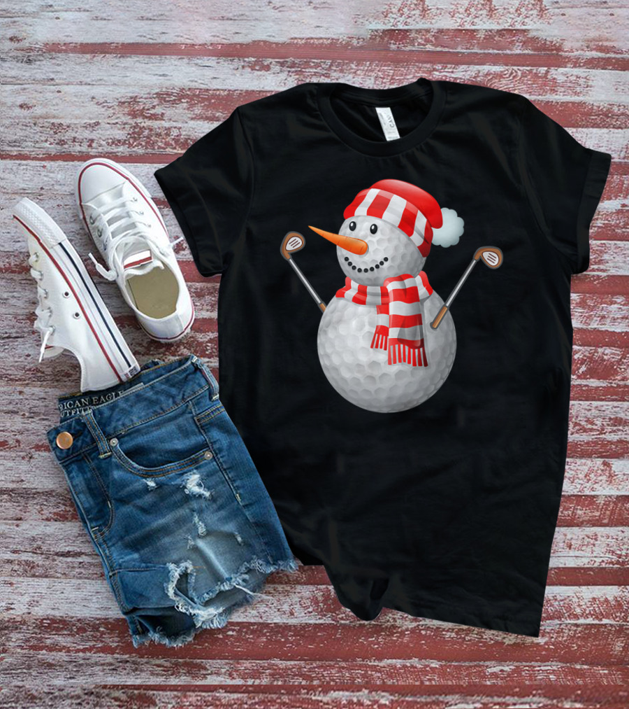 Snowman Golf Ball Christmas Hat Red Scarf Golf Clubs T-Shirt