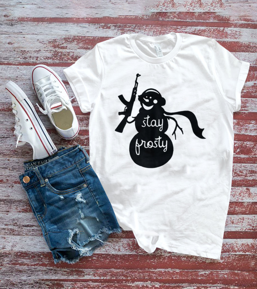 Stay Frosty Snowman With Headphones And Rifle T-Shirt