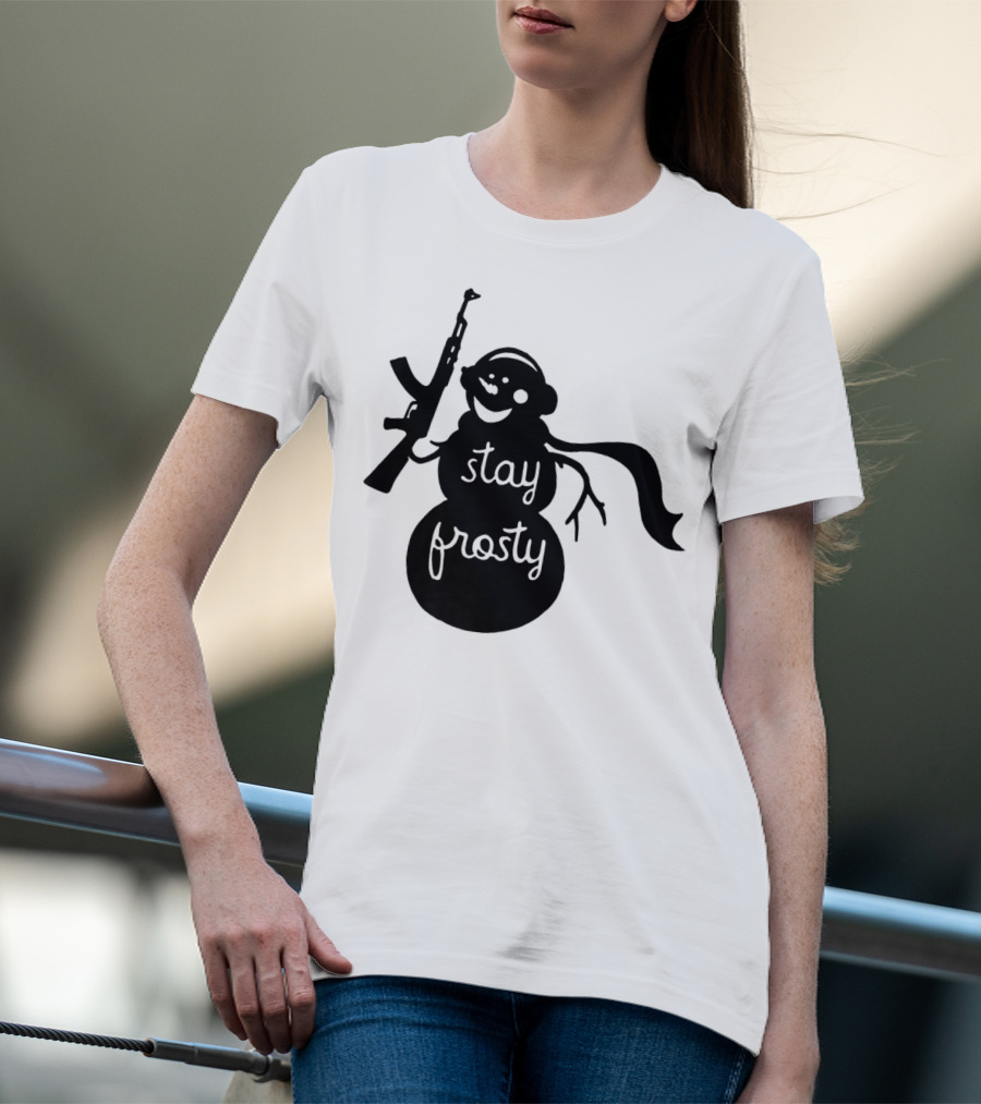 Stay Frosty Snowman With Headphones And Rifle T-Shirt