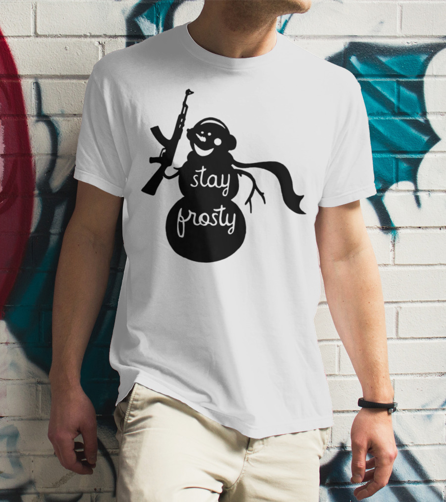 Stay Frosty Snowman With Headphones And Rifle T-Shirt