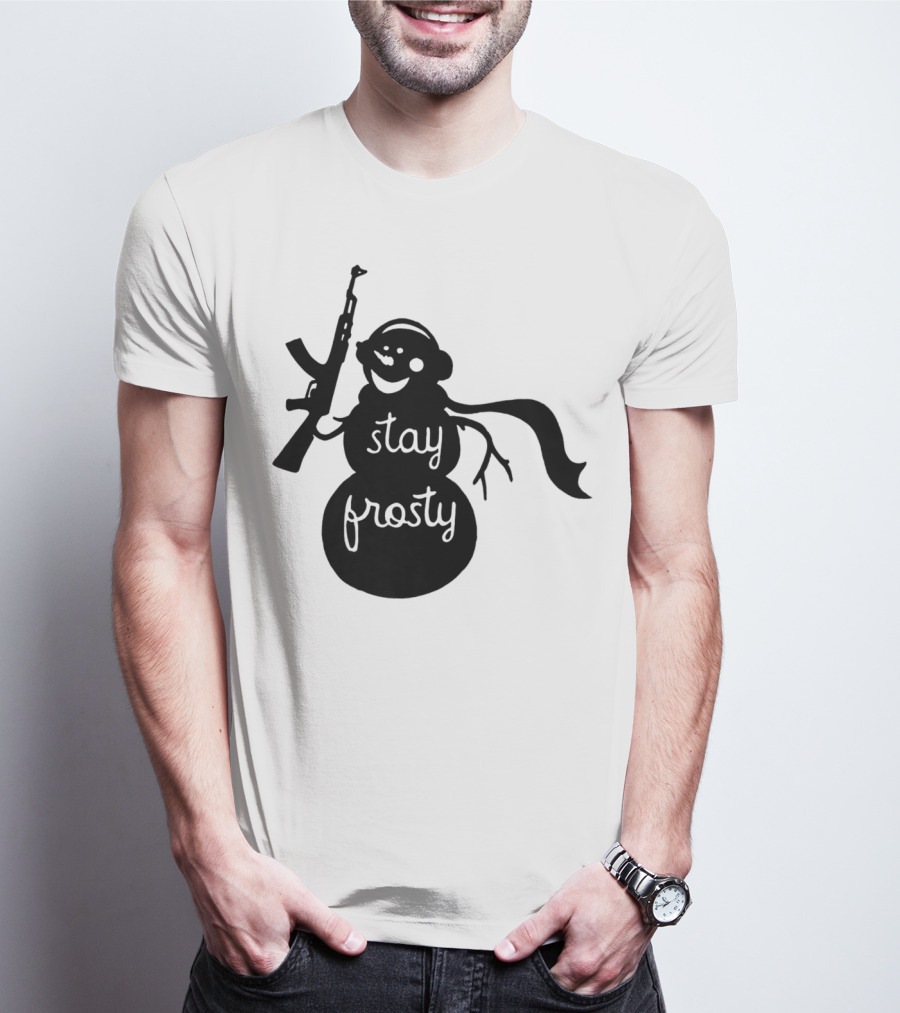Stay Frosty Snowman With Headphones And Rifle T-Shirt