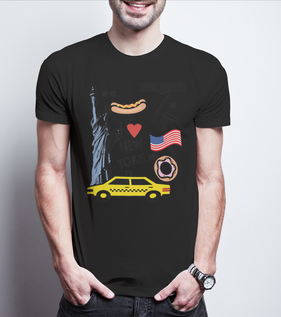I Heart New York Top Spots Statue Of Liberty Taxi Fifth Avenue Hot Dog Jazz Donut American Flag T-Shirt