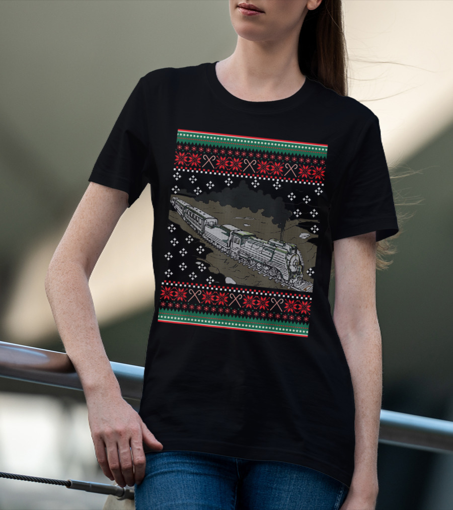 Steam Engine Train Ugly Christmas Pattern Railroad T-Shirt
