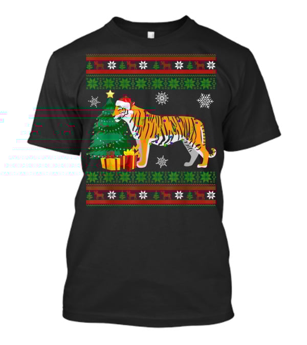 Tiger With Santa Hat And Christmas Tree Holiday Pattern Snowflakes And Reindeer T-Shirt