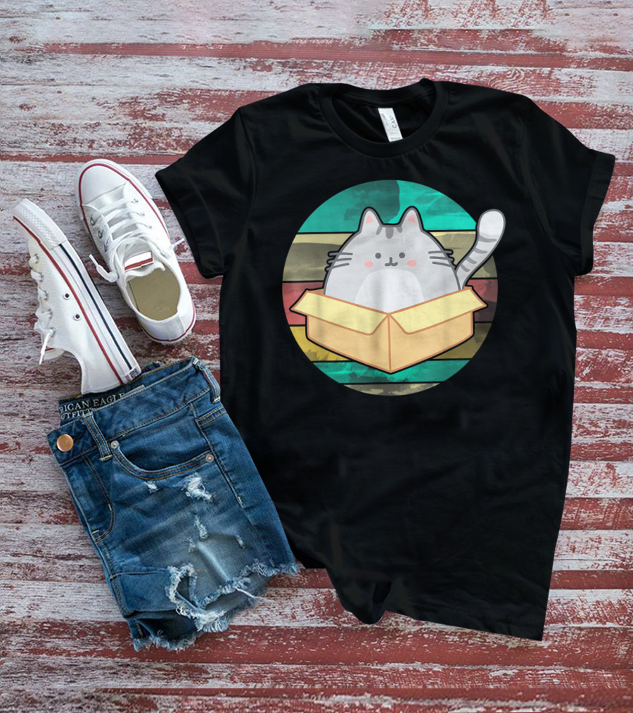 Retro Fat Cat In Box With Vintage Stripes T-Shirt