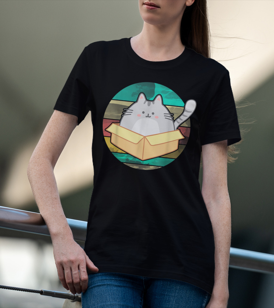 Retro Fat Cat In Box With Vintage Stripes T-Shirt