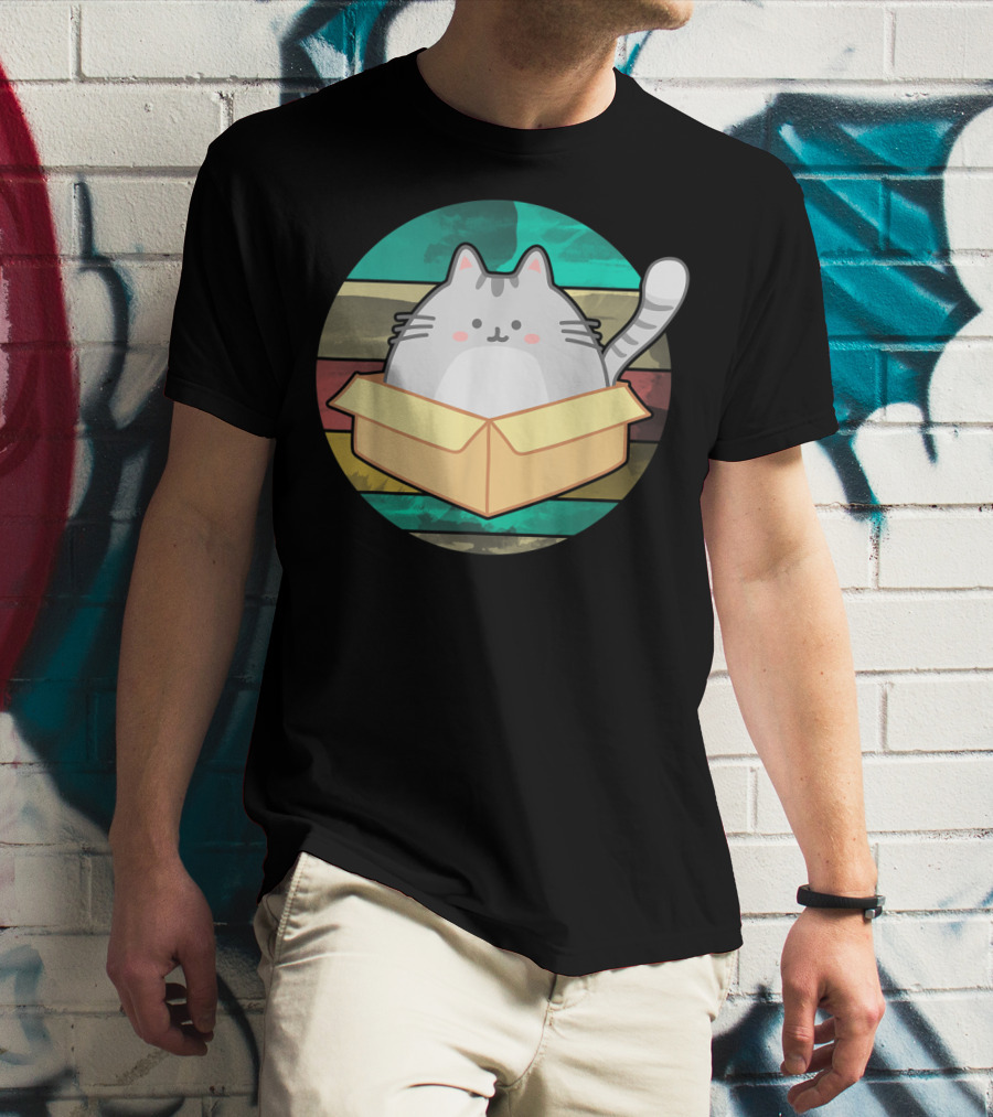 Retro Fat Cat In Box With Vintage Stripes T-Shirt