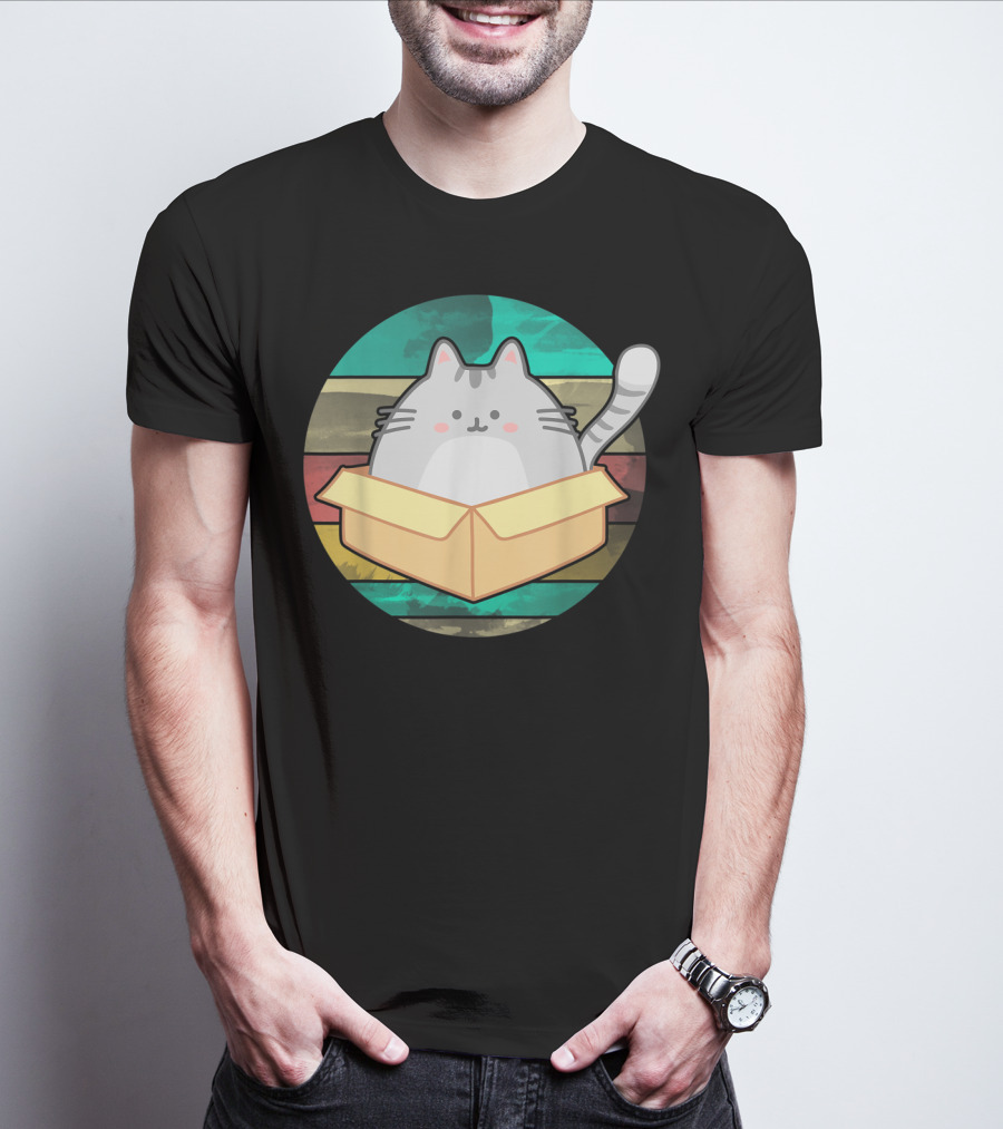 Retro Fat Cat In Box With Vintage Stripes T-Shirt