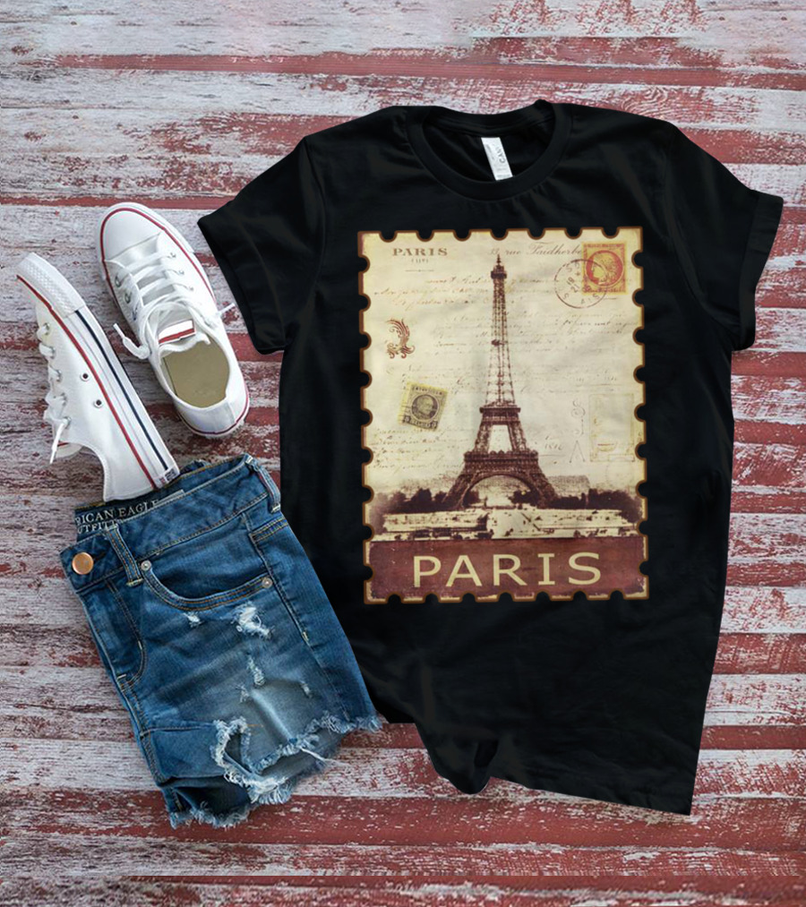 Vintage Eiffel Tower Paris Stamp With Distressed Paris Text T-Shirt