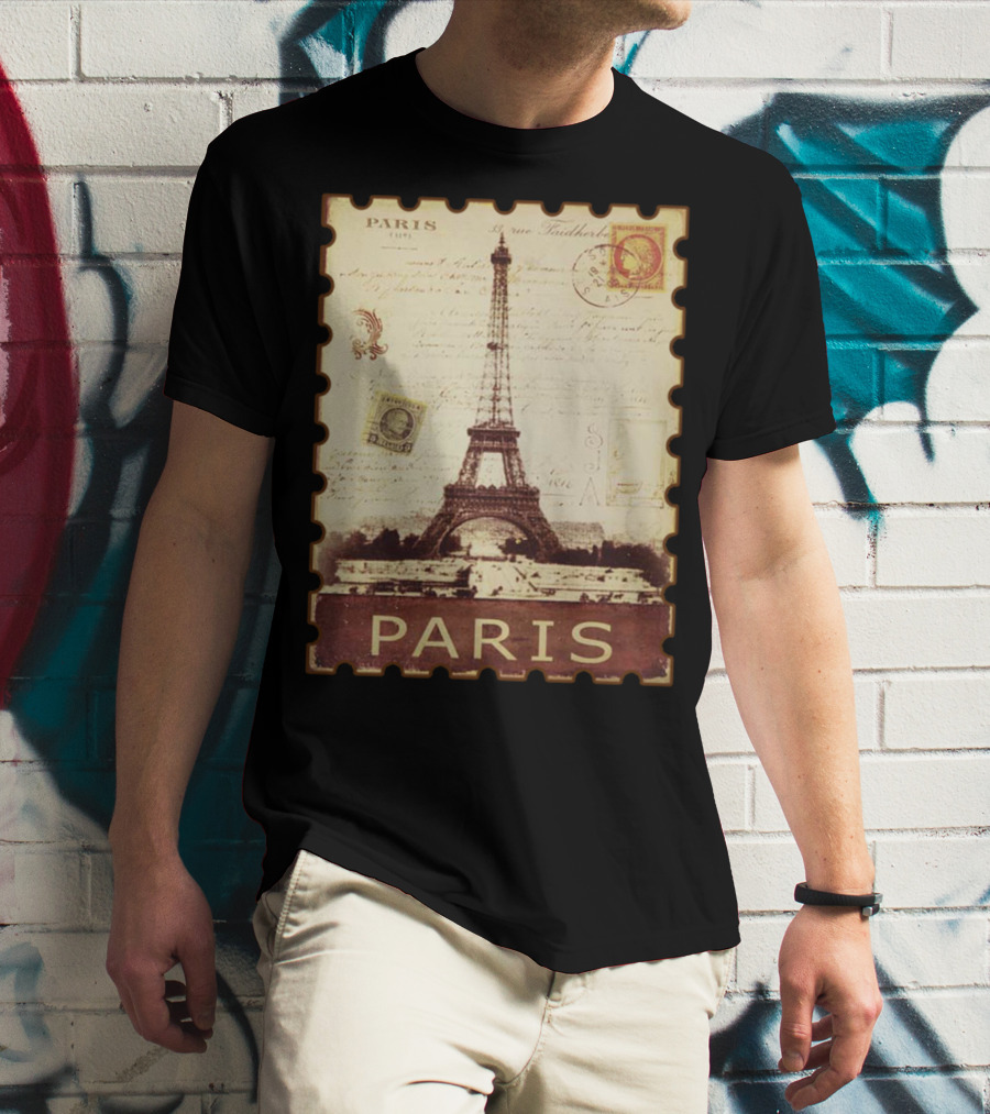 Vintage Eiffel Tower Paris Stamp With Distressed Paris Text T-Shirt