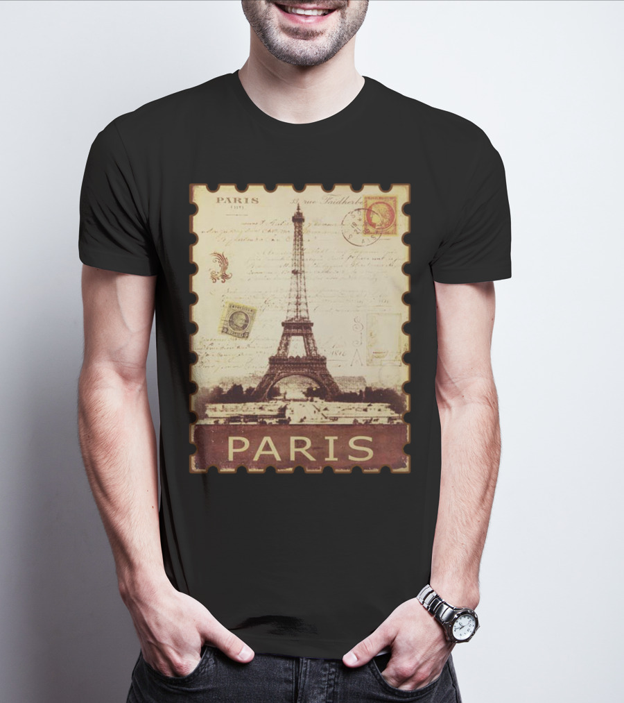 Vintage Eiffel Tower Paris Stamp With Distressed Paris Text T-Shirt
