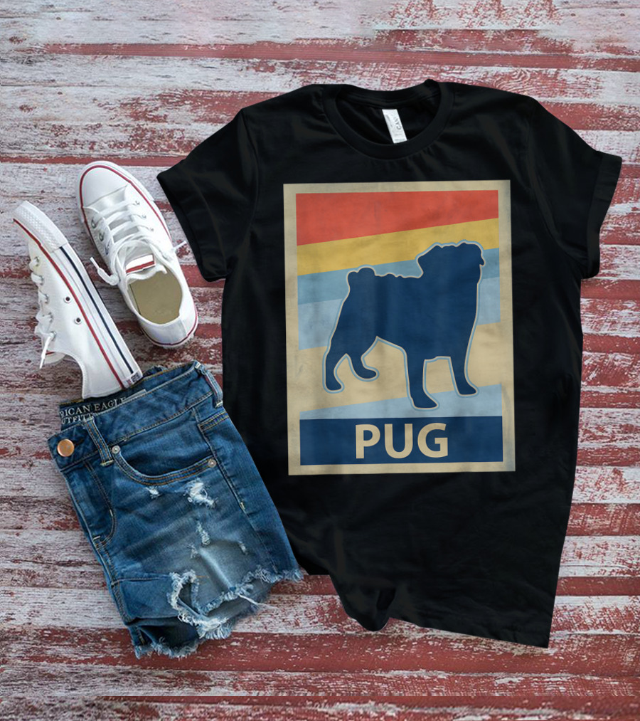 Vintage Pug Silhouette With Retro Stripes T-Shirt