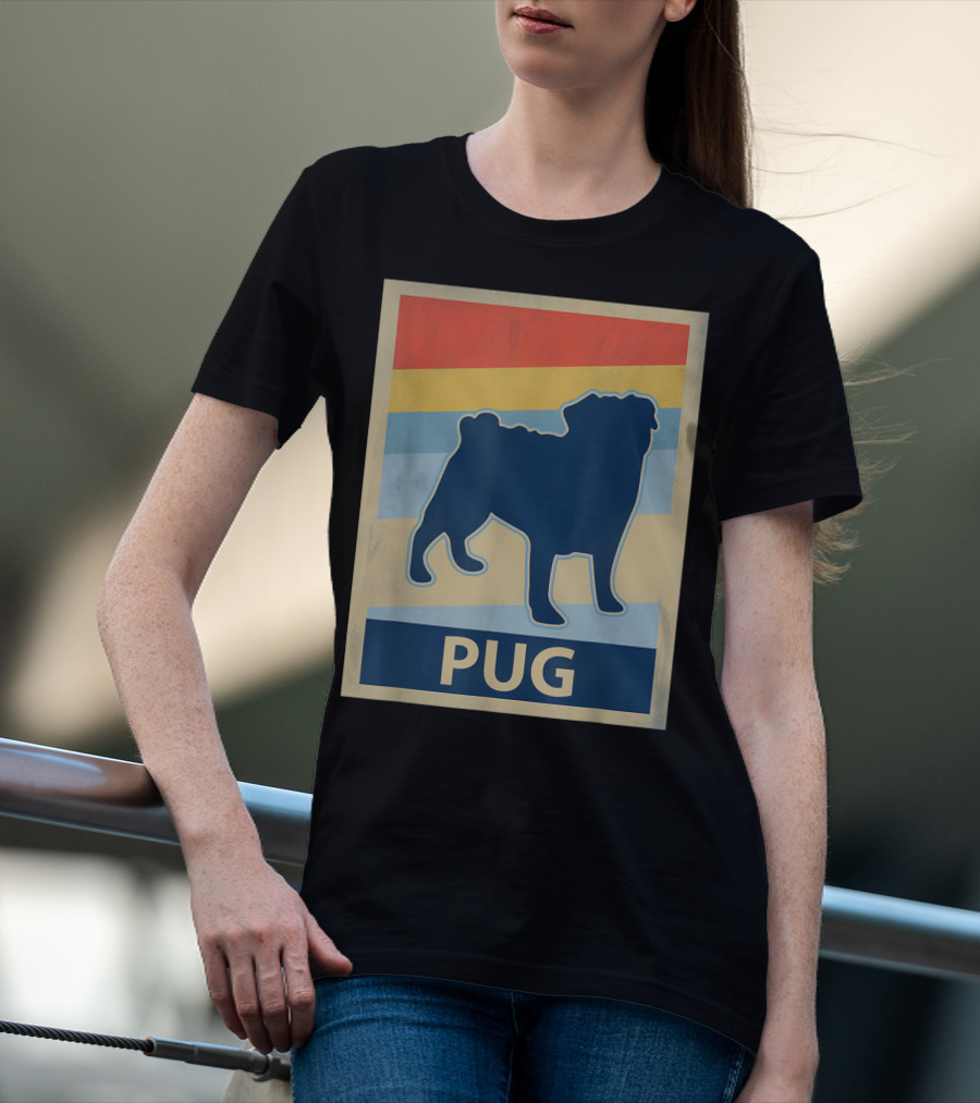Vintage Pug Silhouette With Retro Stripes T-Shirt