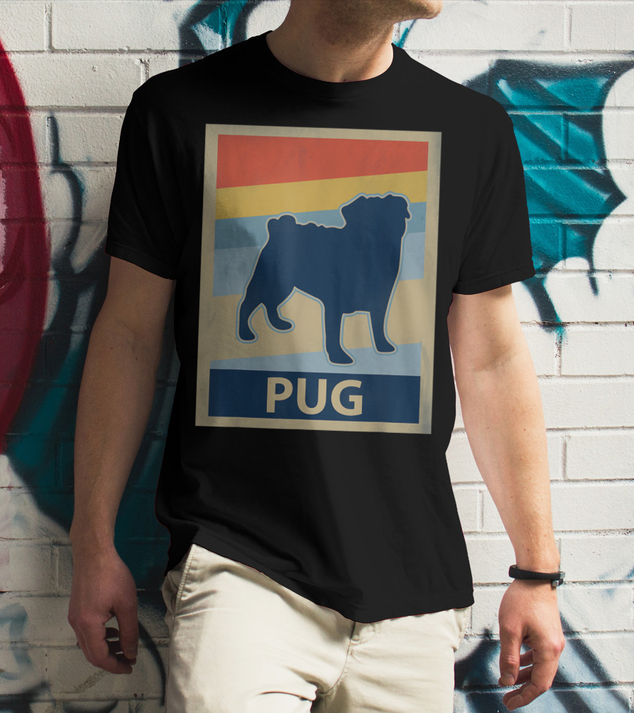 Vintage Pug Silhouette With Retro Stripes T-Shirt