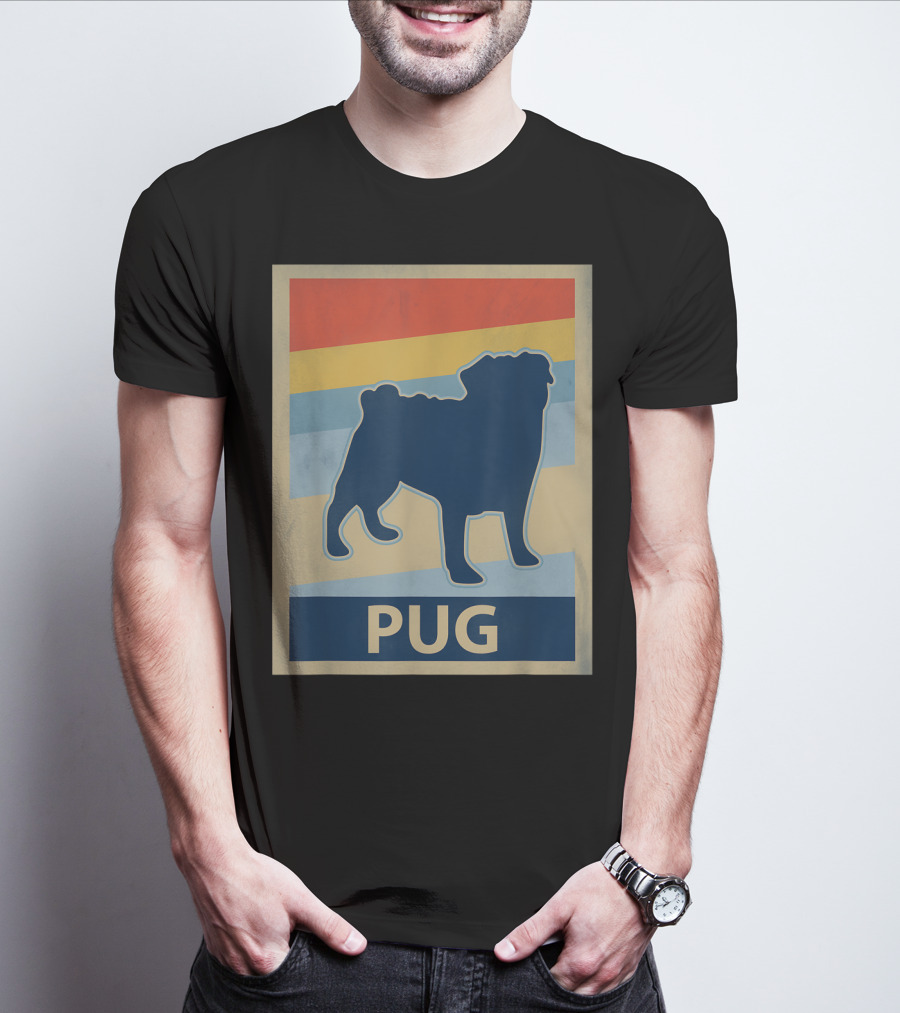 Vintage Pug Silhouette With Retro Stripes T-Shirt
