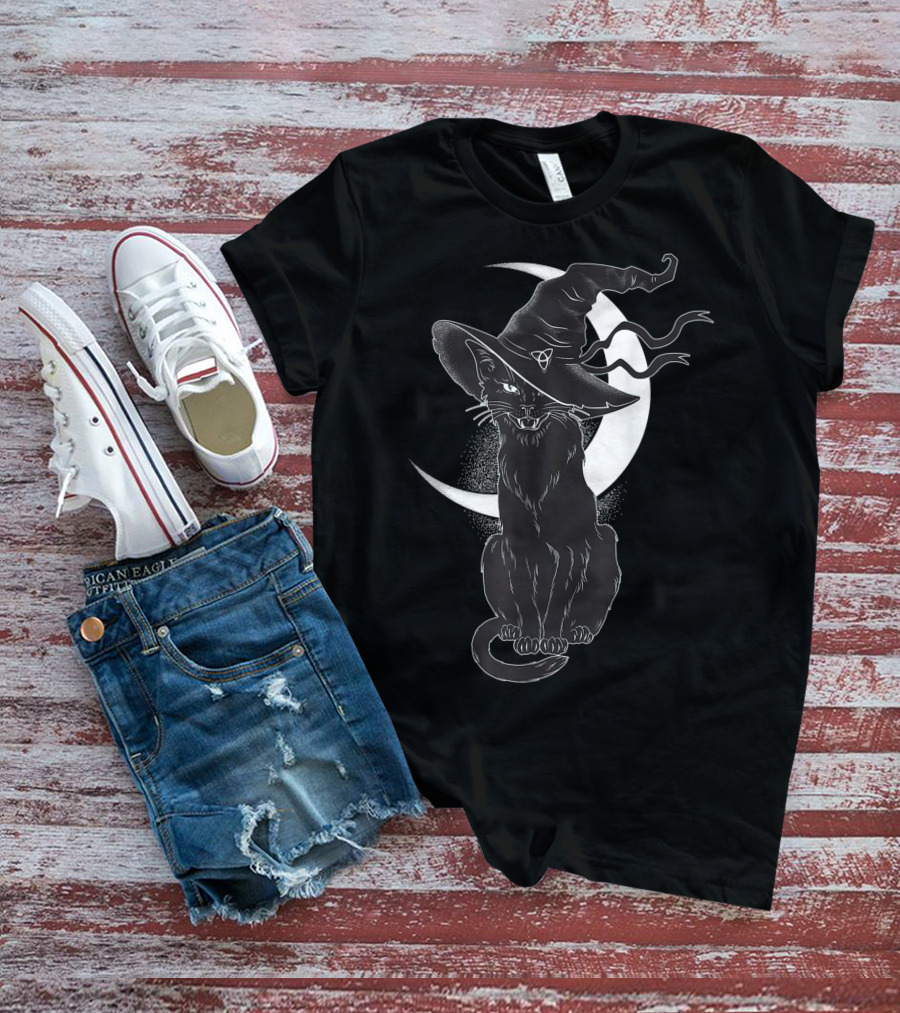 Vintage Scary Halloween Black Cat Sitting In Front Of Crescent Moon Wearing Witch Hat T-Shirt