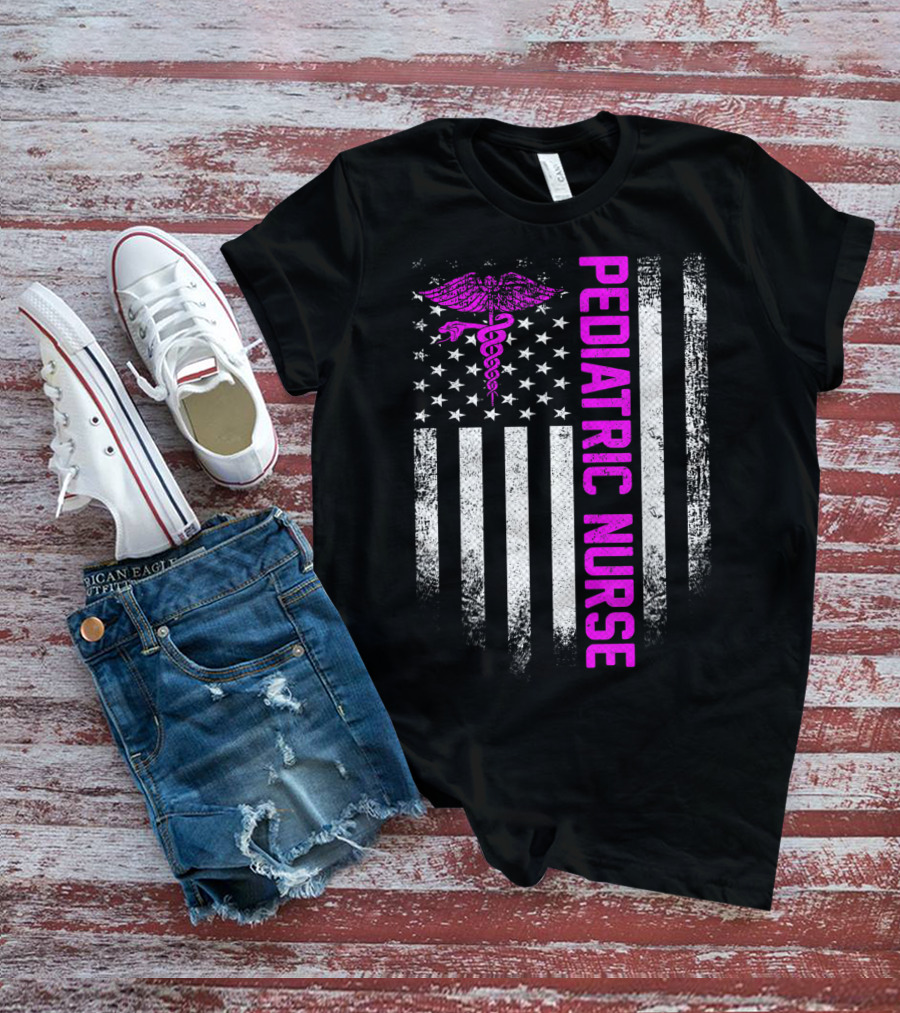 Pediatric Nurse American Flag Vintage USA Caduceus T-Shirt