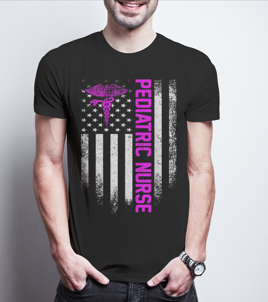 Pediatric Nurse American Flag Vintage USA Caduceus T-Shirt