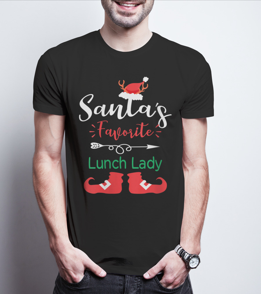Santa's Favorite Lunch Lady Christmas Hat And Elf Boots T-Shirt