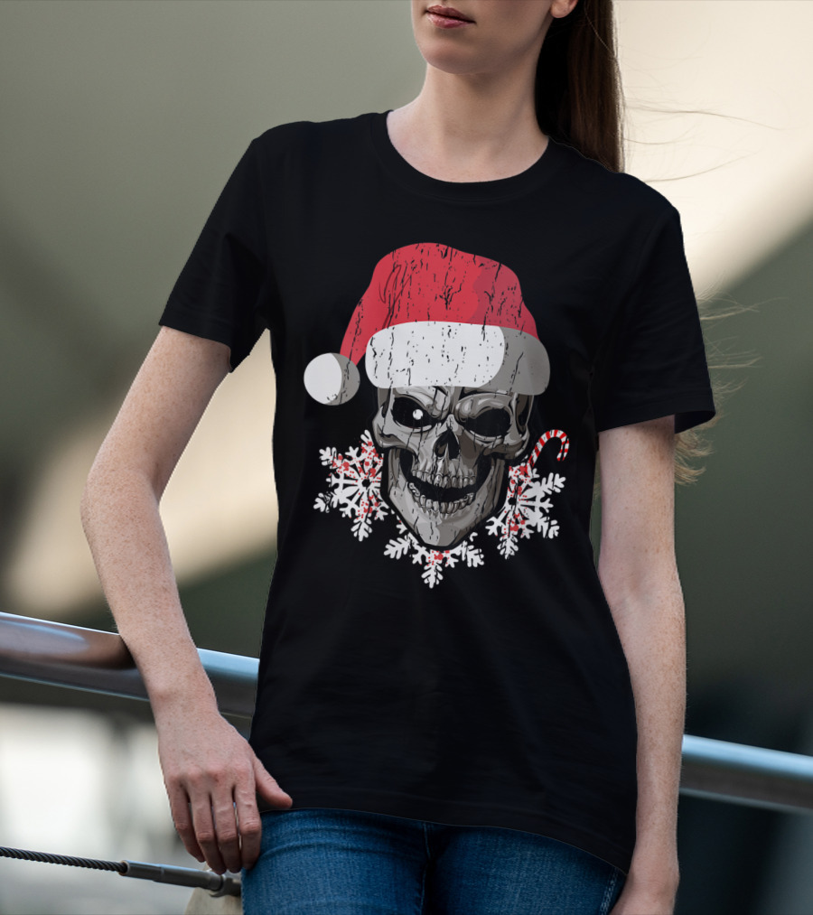 Skull With Santa Hat Snowflakes Candy Cane T-Shirt