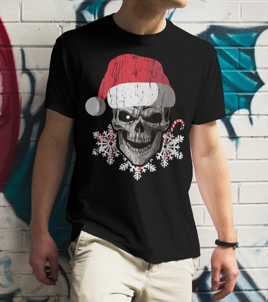 Skull With Santa Hat Snowflakes Candy Cane T-Shirt