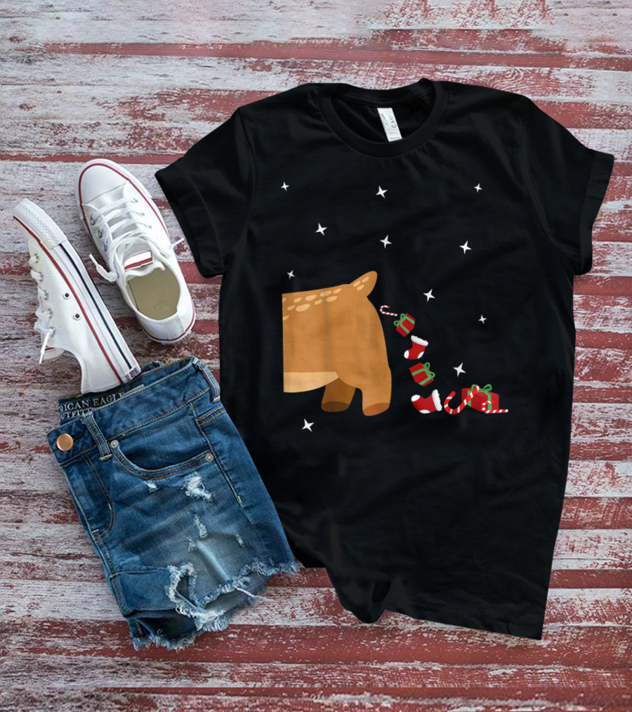 Xmas Sick Reindeer Costume Matching Couple With Stars And Falling Candy Cane Presents T-Shirt