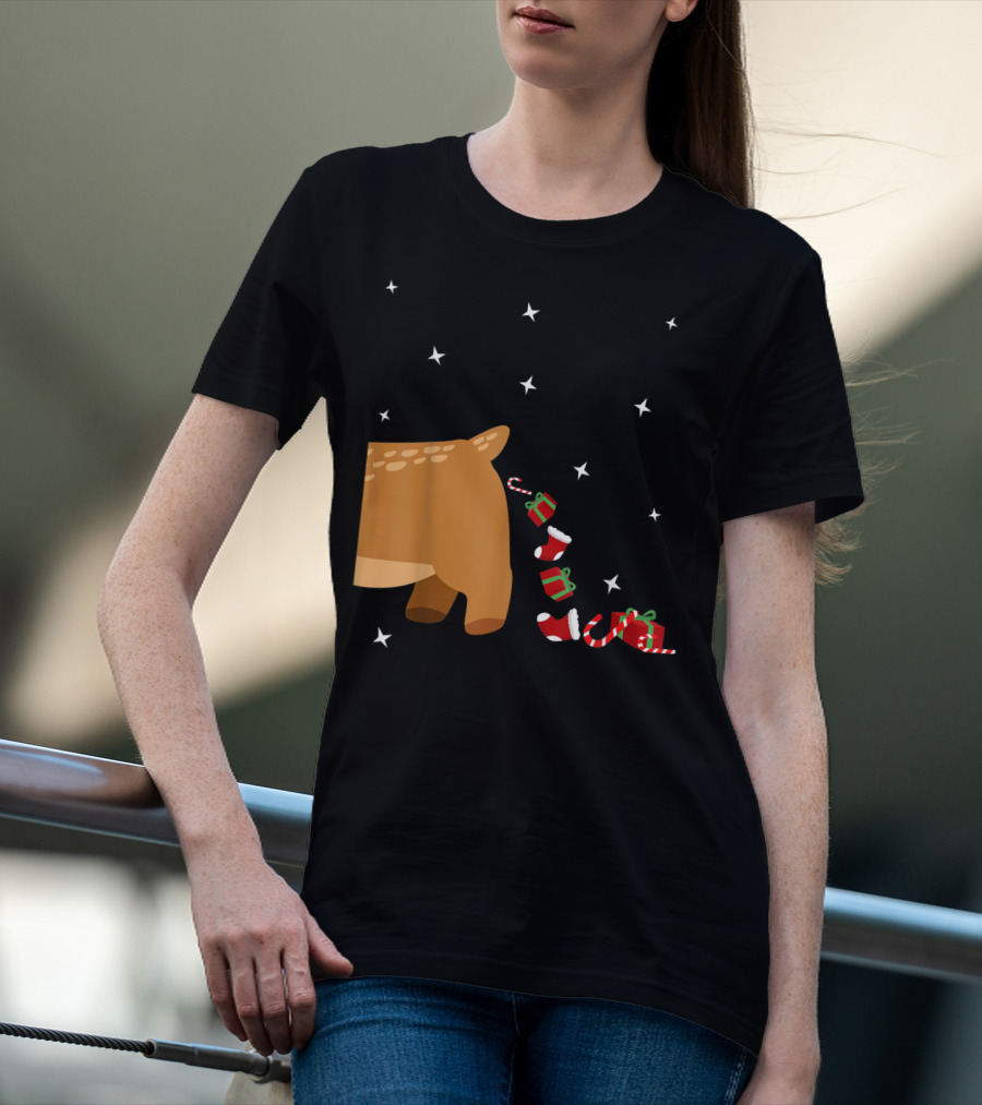 Xmas Sick Reindeer Costume Matching Couple With Stars And Falling Candy Cane Presents T-Shirt