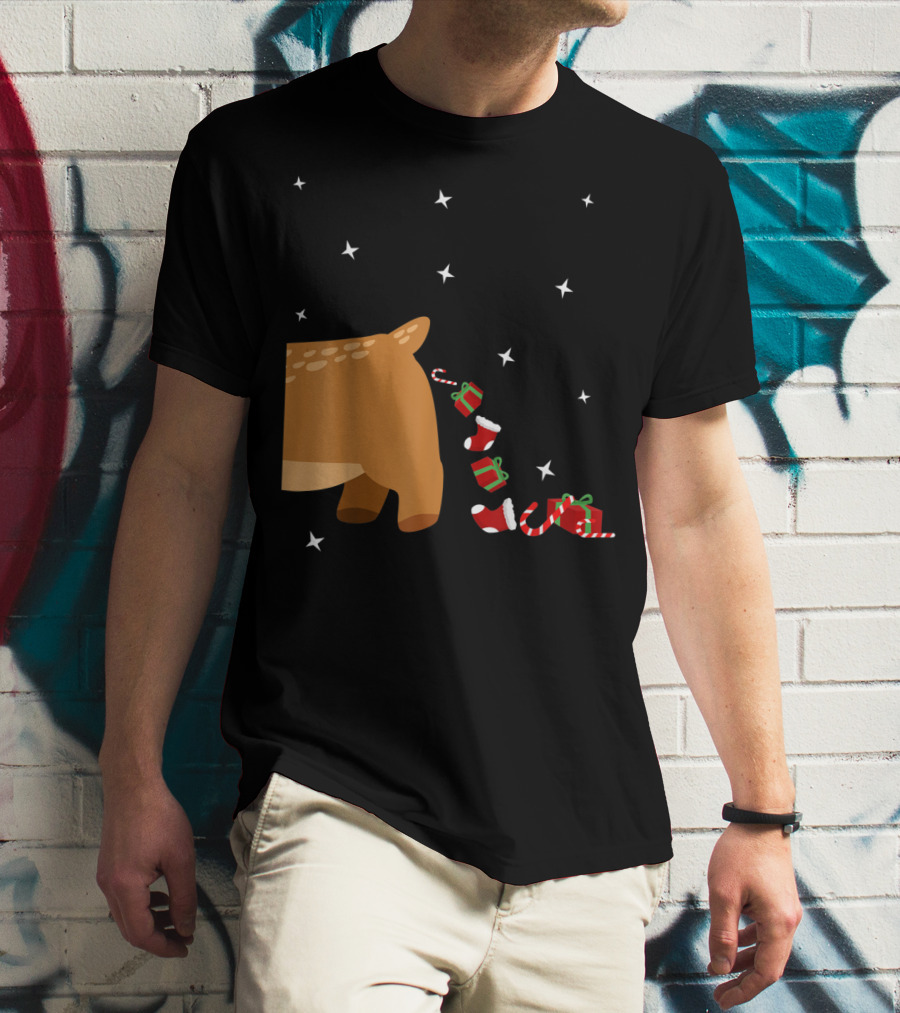 Xmas Sick Reindeer Costume Matching Couple With Stars And Falling Candy Cane Presents T-Shirt