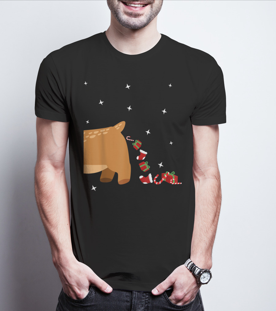 Xmas Sick Reindeer Costume Matching Couple With Stars And Falling Candy Cane Presents T-Shirt