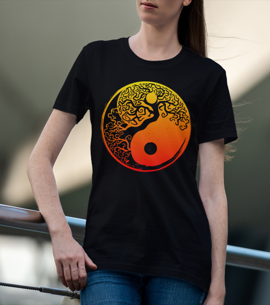 Yin Yang Bonsai Tree Japanese Golden Sun Circle T-Shirt
