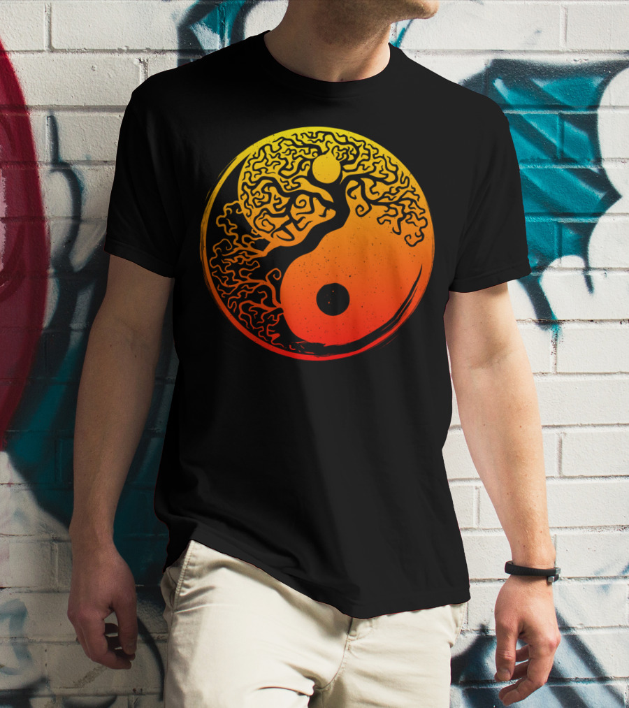 Yin Yang Bonsai Tree Japanese Golden Sun Circle T-Shirt