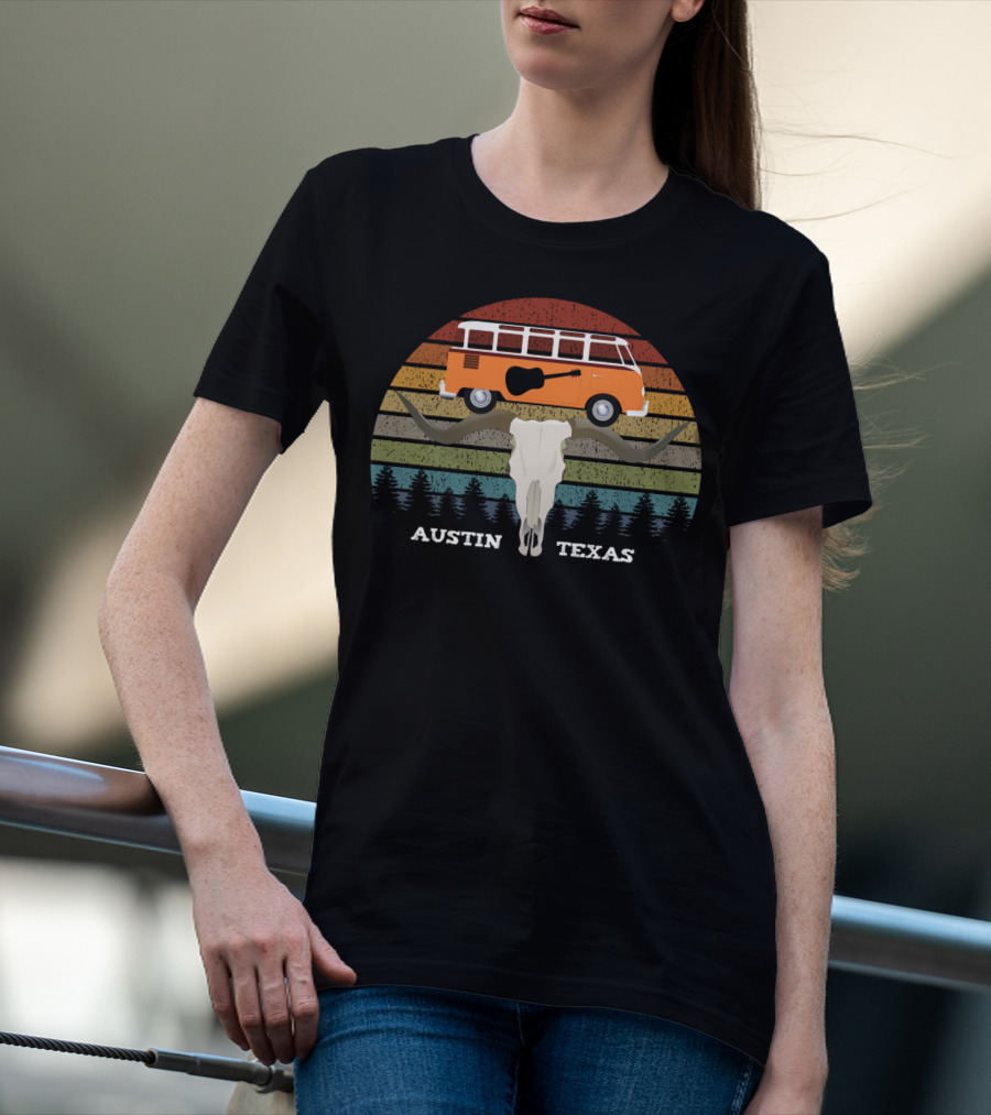 Austin Texas Sunset Van Guitar Skull Forest Vintage T-Shirt