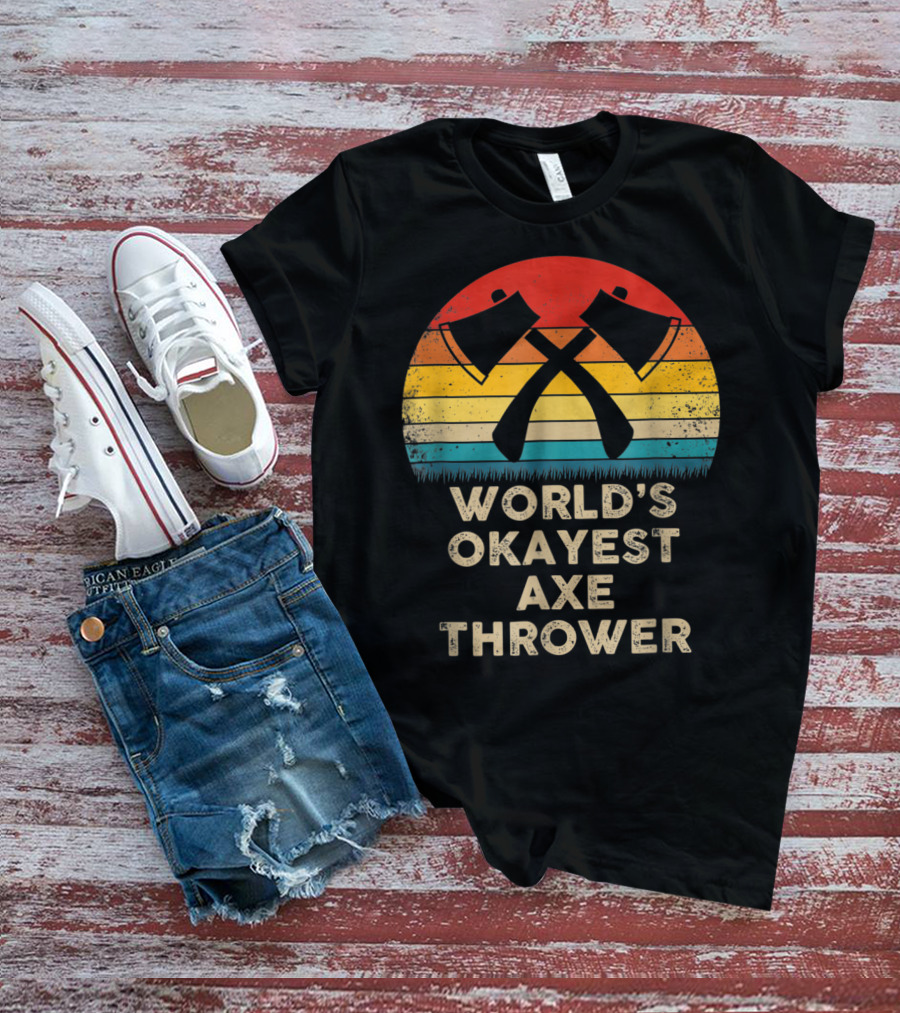 World's Okayest Axe Thrower Retro Axes Crossed Sunset T-Shirt