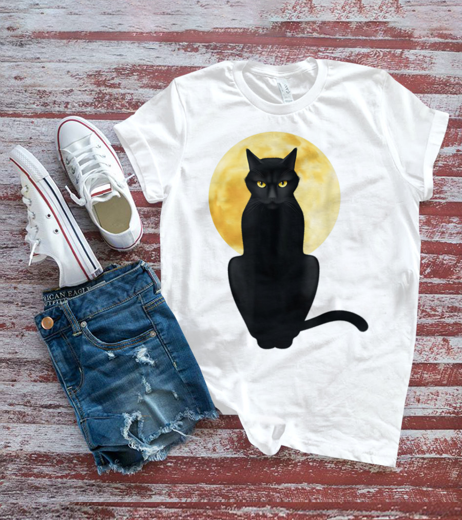 Black Cat Yellow Eyes Full Moon T-Shirt