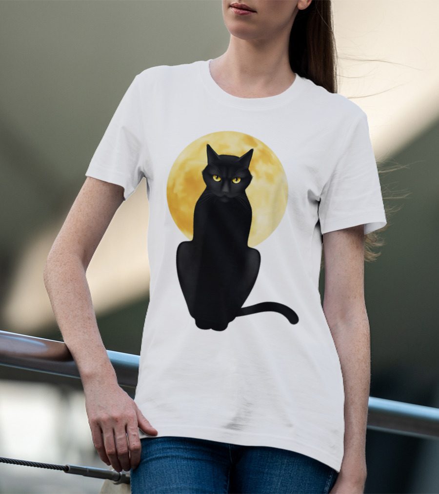 Black Cat Yellow Eyes Full Moon T-Shirt