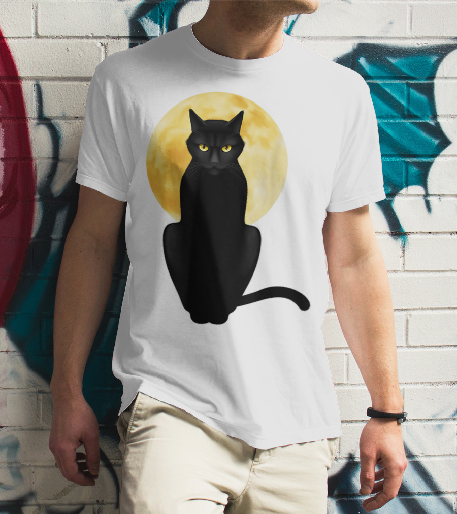 Black Cat Yellow Eyes Full Moon T-Shirt