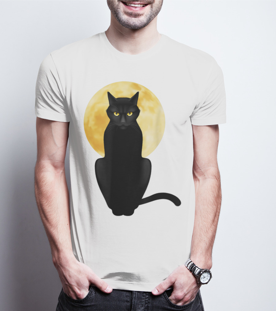 Black Cat Yellow Eyes Full Moon T-Shirt