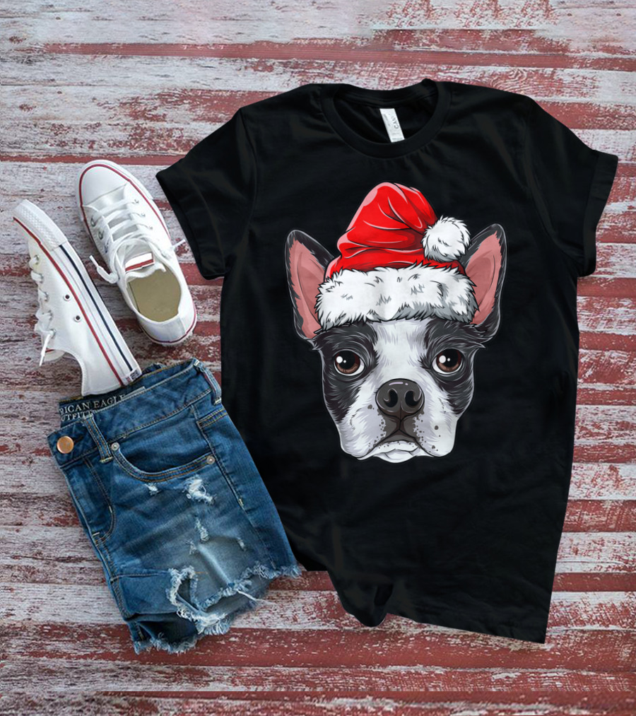 Boston Terrier Christmas Dog Santa Hat T-Shirt