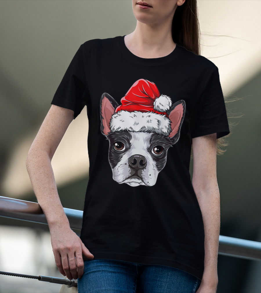 Boston Terrier Christmas Dog Santa Hat T-Shirt