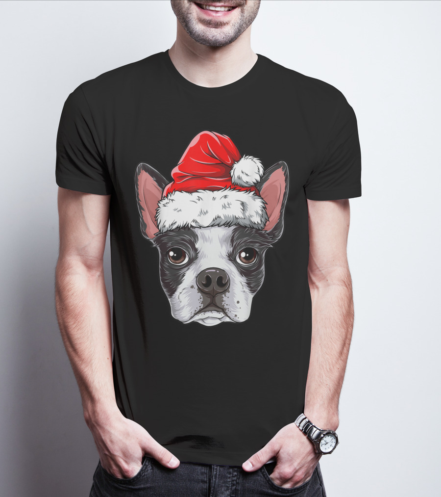 Boston Terrier Christmas Dog Santa Hat T-Shirt