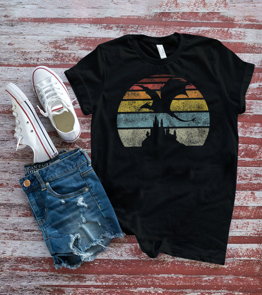 Castle And Dragon Silhouette Against Retro Sunset Stripes T-Shirt