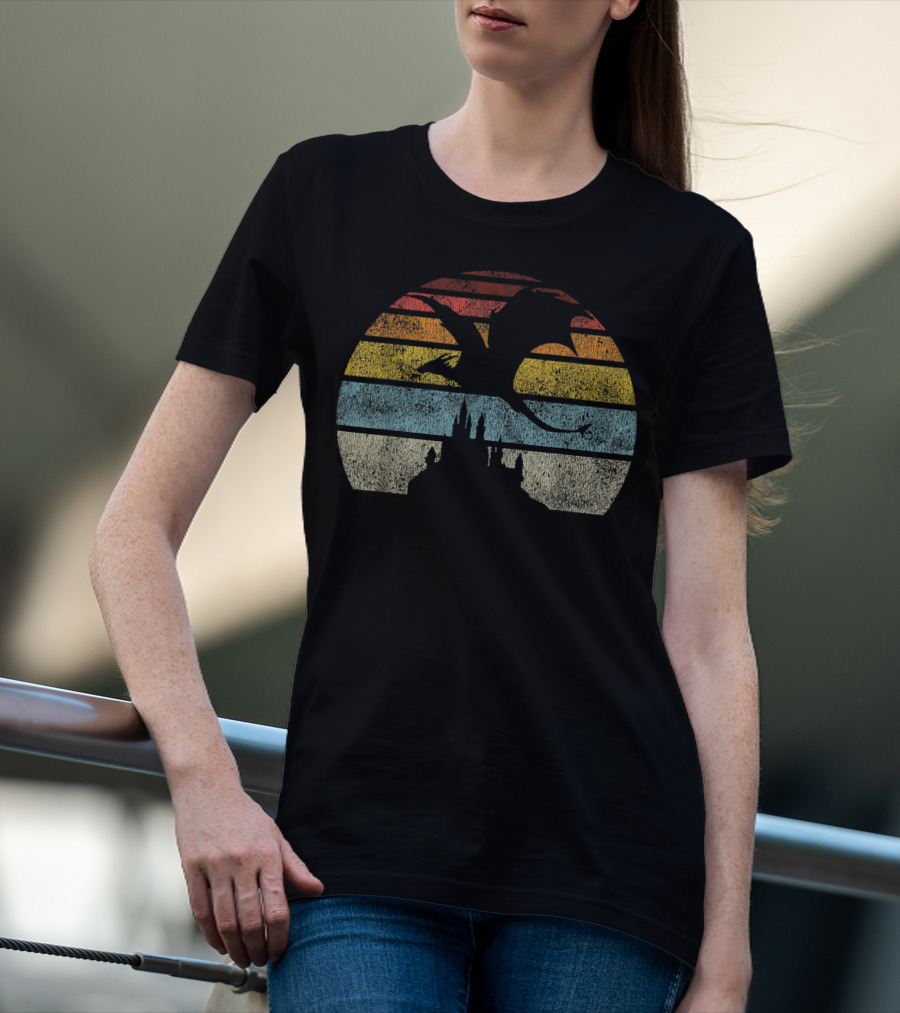 Castle And Dragon Silhouette Against Retro Sunset Stripes T-Shirt
