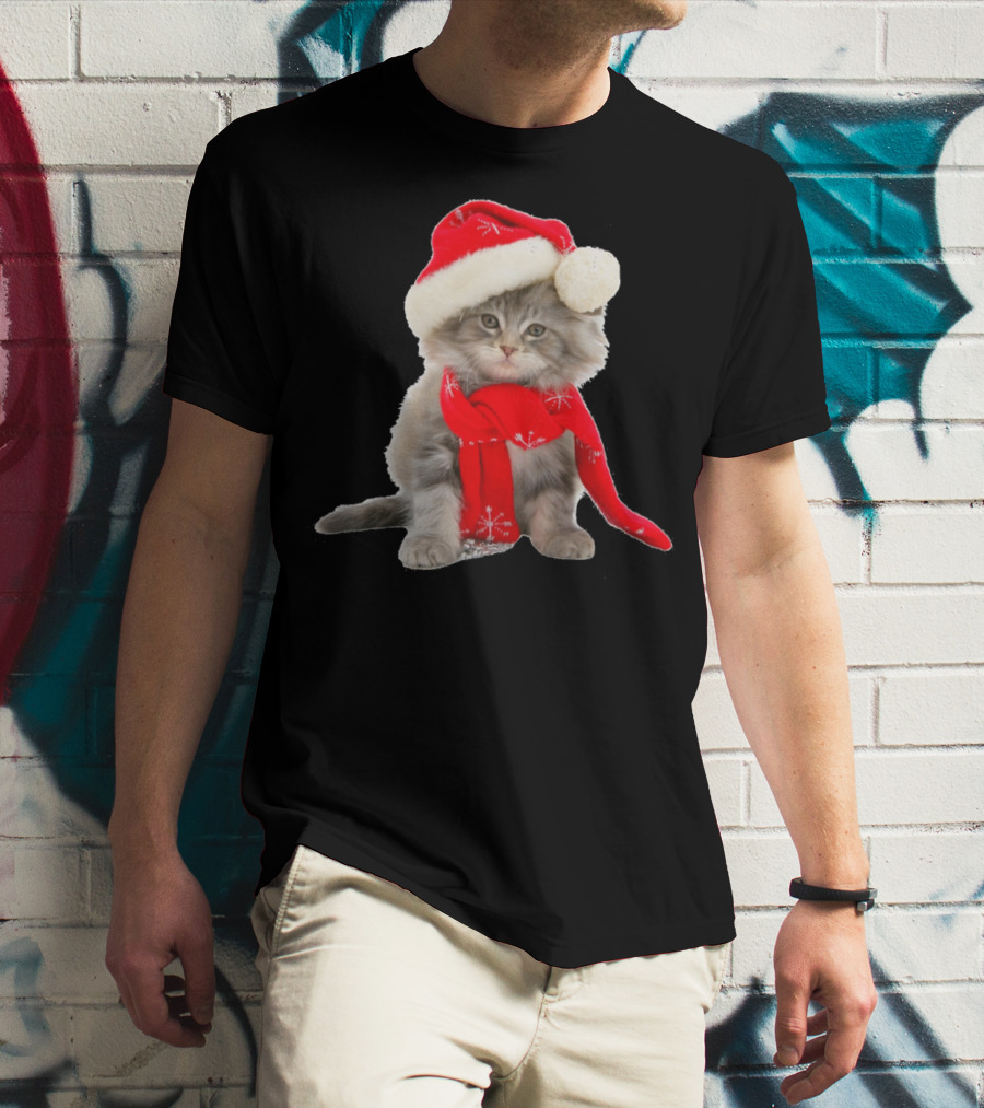 Cat Kitten In Santa Hat And Red Scarf T-Shirt