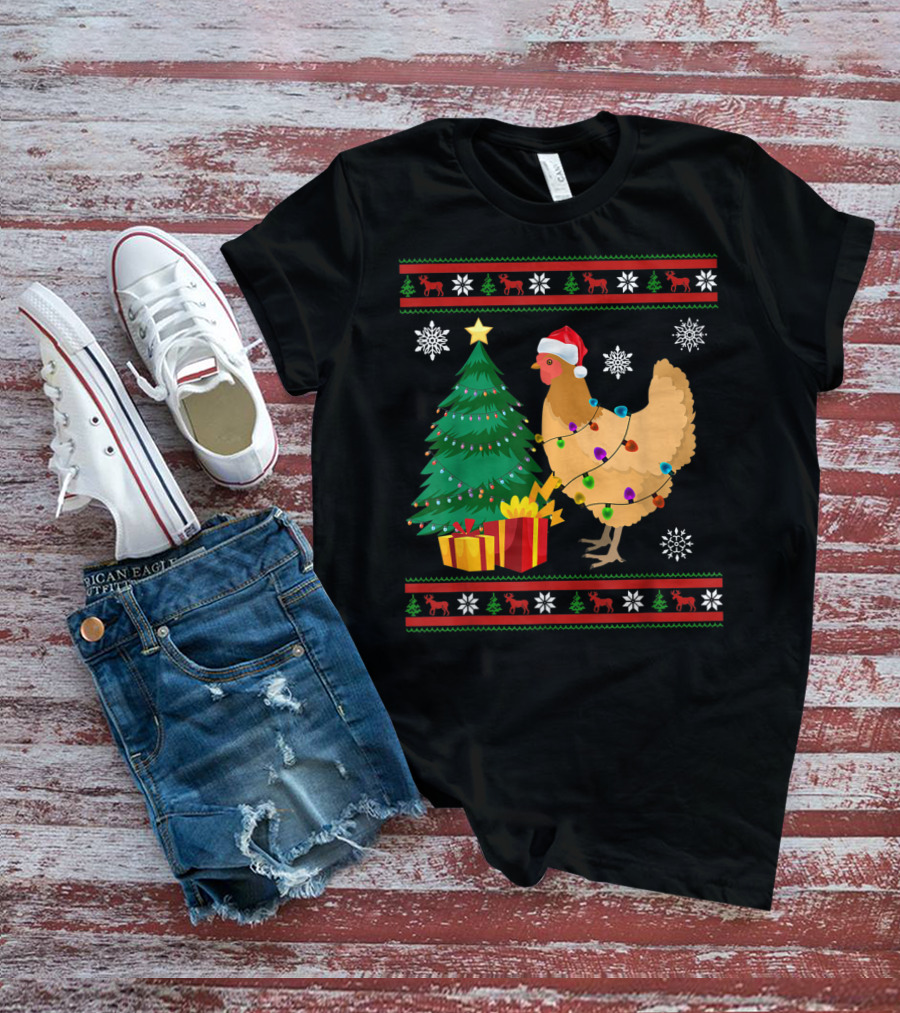 Chicken Christmas Decorations Santa Tree Snowflakes Reindeer T-Shirt