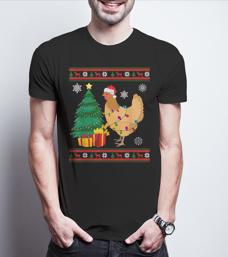 Chicken Christmas Decorations Santa Tree Snowflakes Reindeer T-Shirt