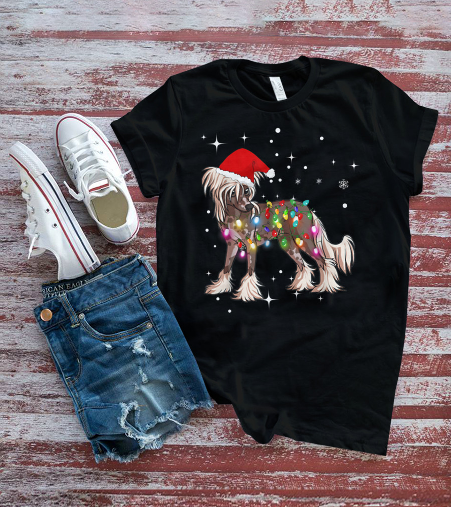 Christmas Lights Chinese Crested Dog With Santa Hat And Stars T-Shirt