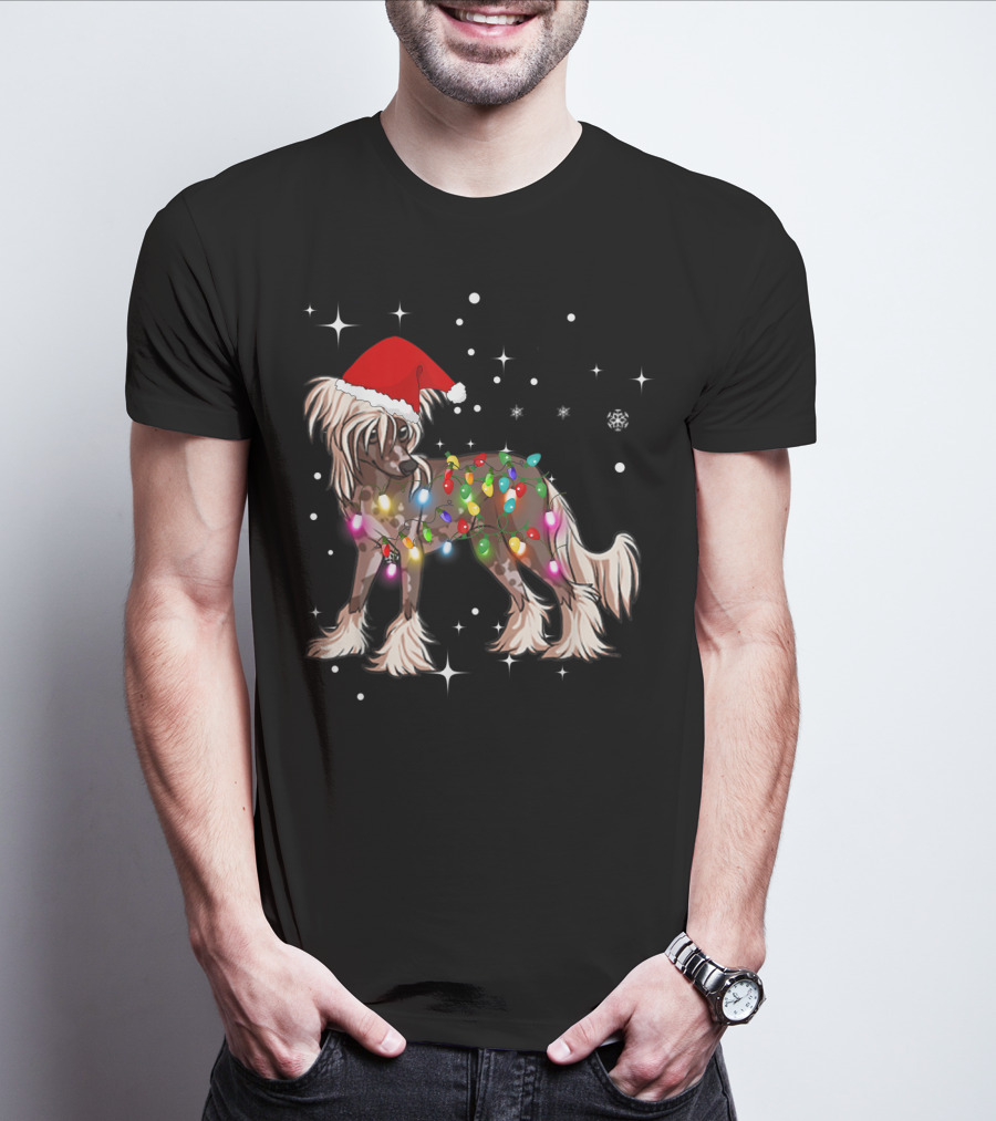 Christmas Lights Chinese Crested Dog With Santa Hat And Stars T-Shirt