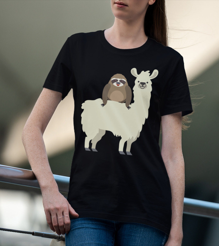 Cute Funny Sloth On Llama T-Shirt